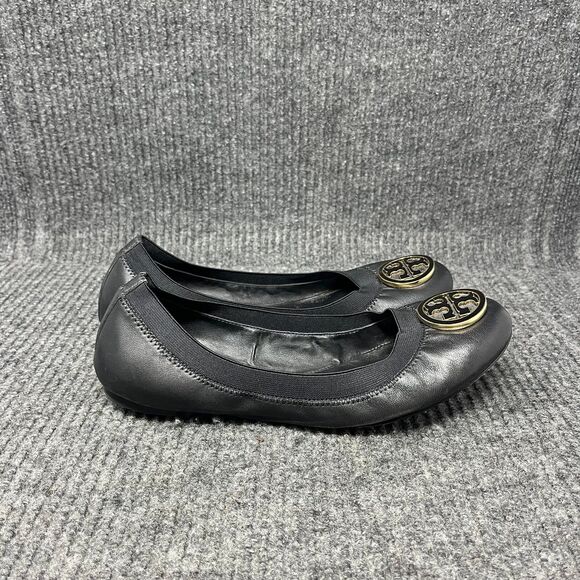 Tory Burch‎ Caroline Ballet Flats Black Leather Gold Women’s Size 8 M - Picture 2 of 7